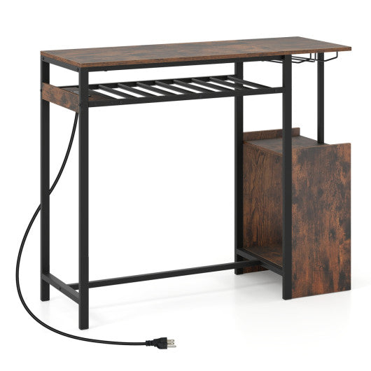 Rectangular Bar Table with Charging Station and LED Light-Rustic Brown