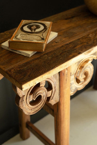 Recycled Carved Wood Console with Decorative Trim