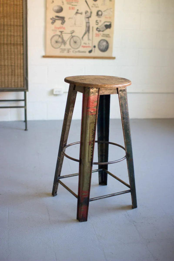Recycled Metal Bar Stool with Wooden Top - Gifts for You 'n Me