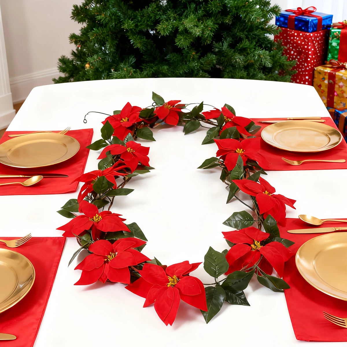 Red Artificial Poinsettia Wreath 2-Pack, Maintenance-Free