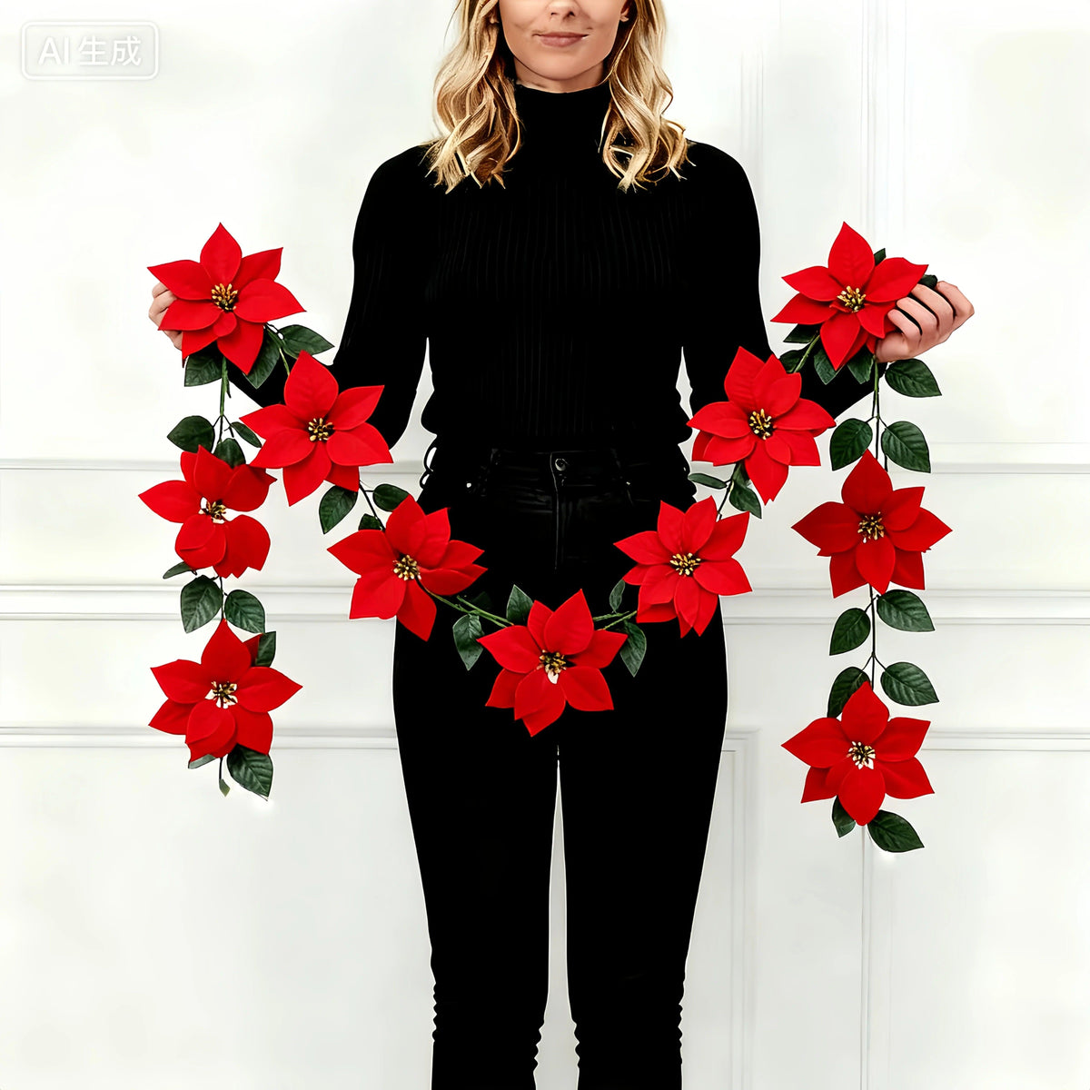 Red Artificial Poinsettia Wreath 2-Pack, Maintenance-Free