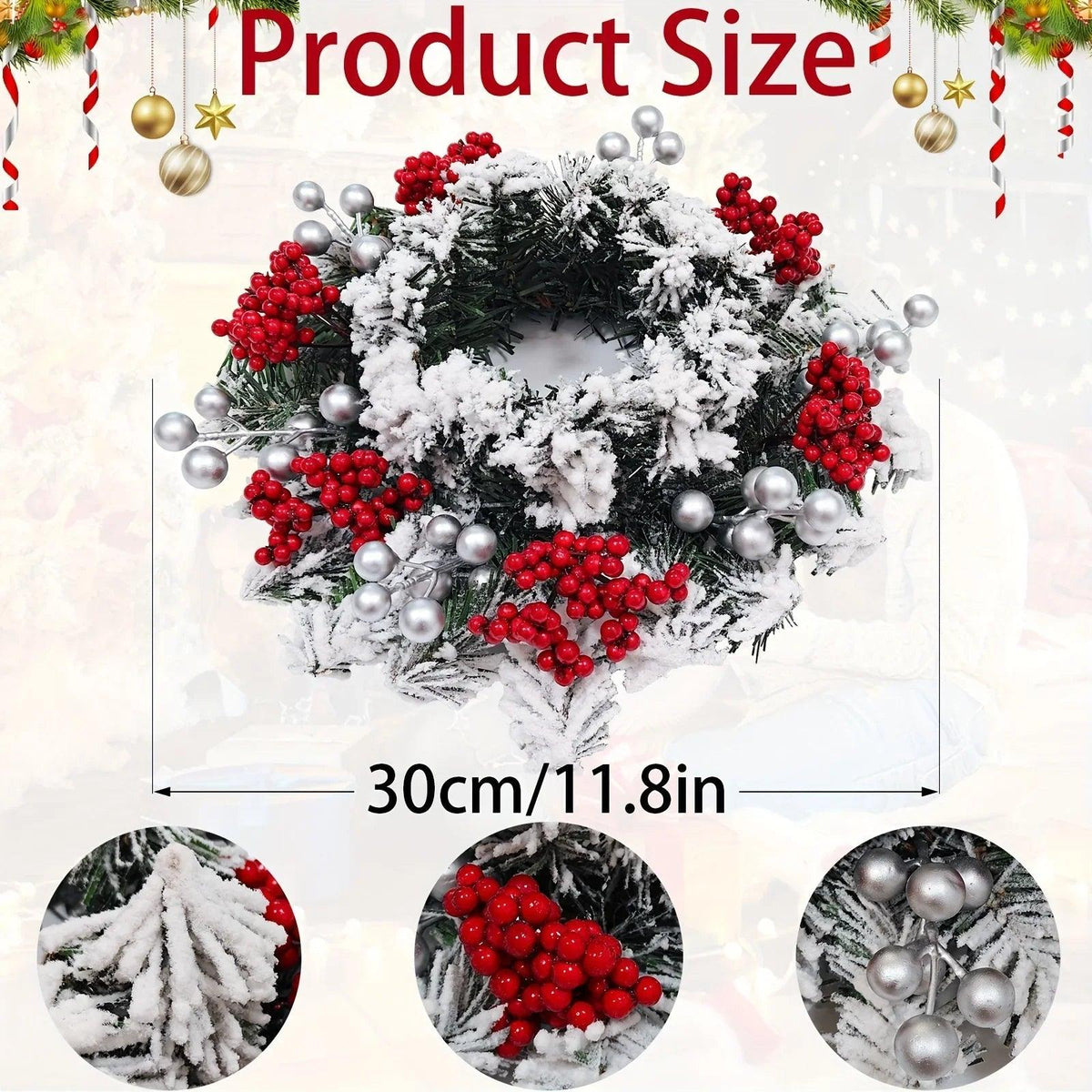 Red Berry Christmas Wreath with Snow Covered Decorations