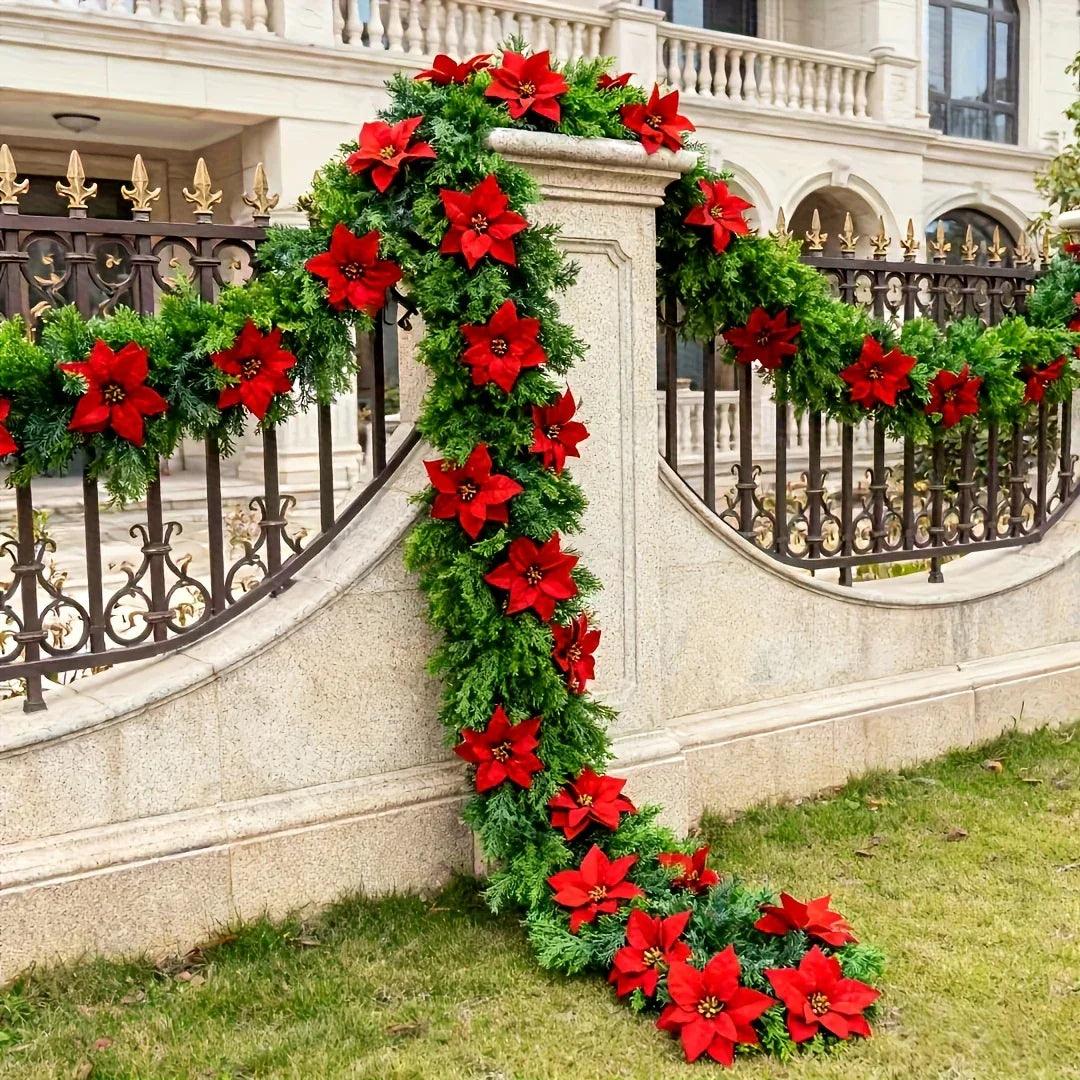 Red Poinsettia Artificial Pine Branches, Large Christmas Decor