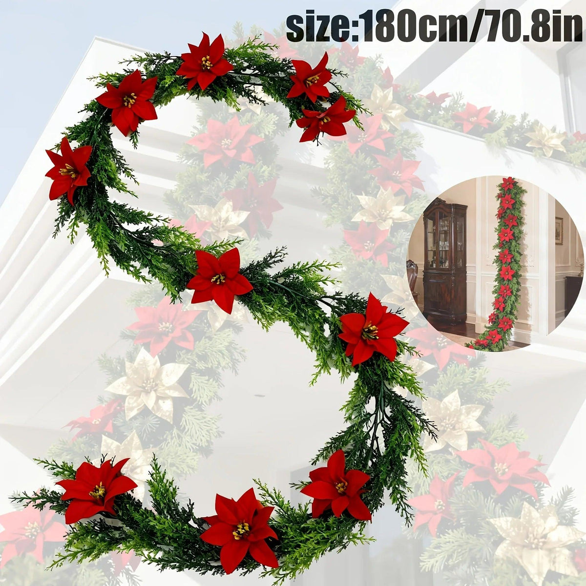 Red Poinsettia Artificial Pine Branches, Large Christmas Decor