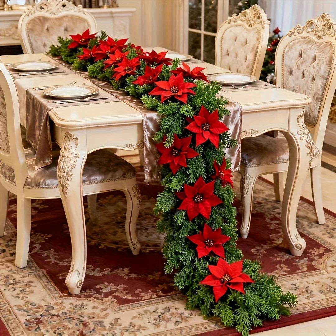 Red Poinsettia Artificial Pine Branches, Large Christmas Decor