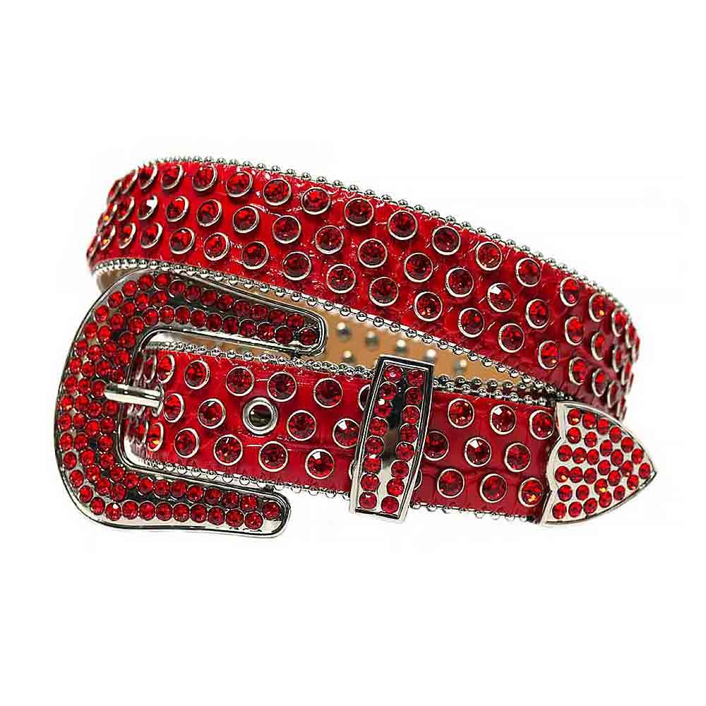 Unisex Red Studded Rhinestone Belt - Faux Alligator Leather with Sparkling Silver Buckle