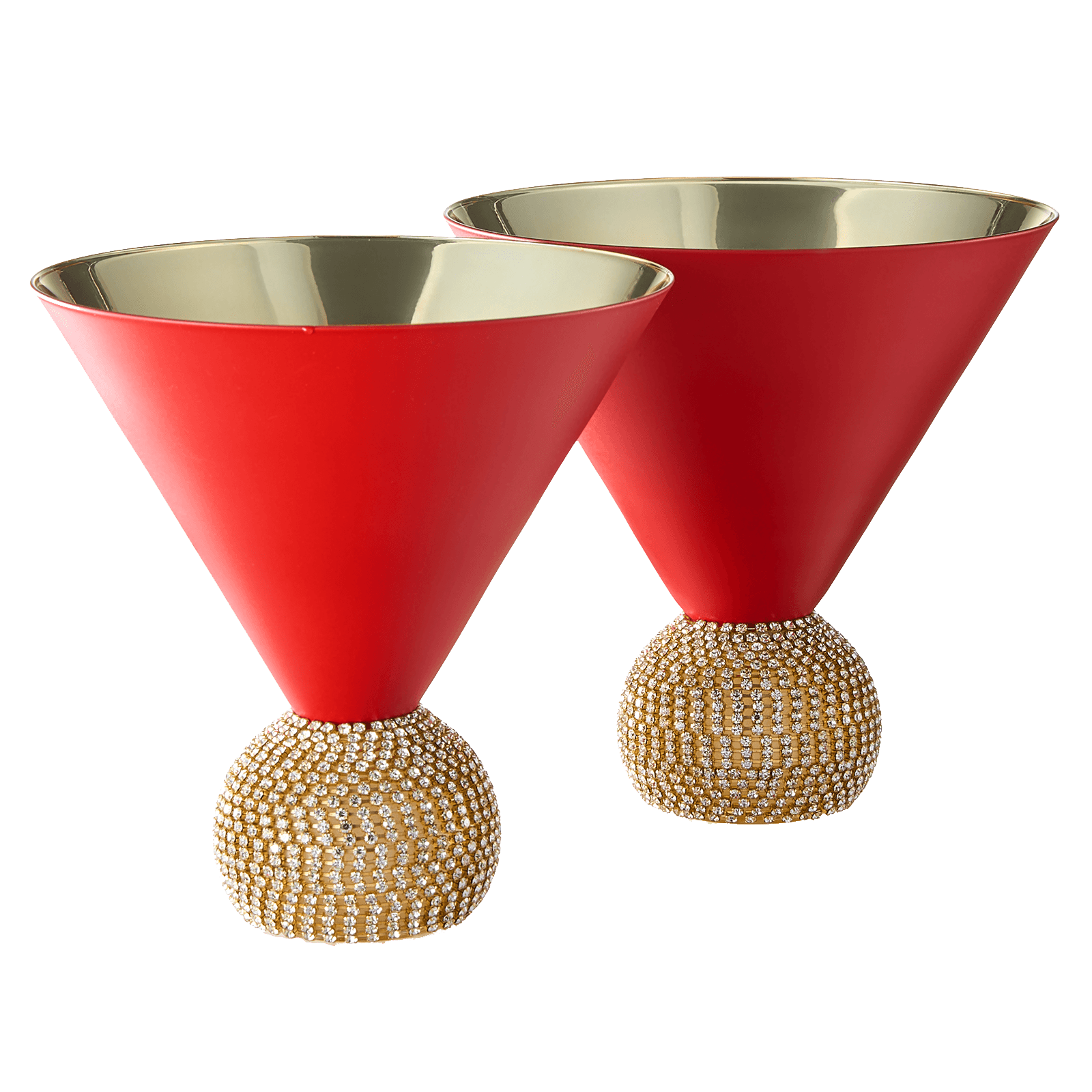 The Wine Savant Diamond Studded Martini Glasses Set of 2 Matte Red & Gold Modern Cocktail Glass, Rhinestone Diamonds With Stemless Crystal Ball Base, Bar or Party 10.5oz, Swarovski Style Crystals