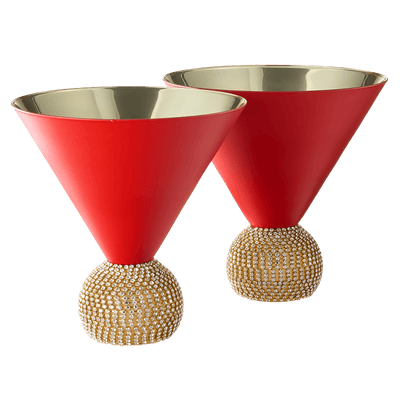 The Wine Savant Diamond Studded Martini Glasses Set of 2 Matte Red & Gold Modern Cocktail Glass, Rhinestone Diamonds With Stemless Crystal Ball Base, Bar or Party 10.5oz, Swarovski Style Crystals