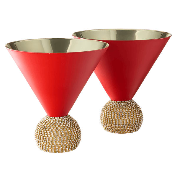 The Wine Savant Diamond Studded Martini Glasses Set of 2 Matte Red & Gold Modern Cocktail Glass, Rhinestone Diamonds With Stemless Crystal Ball Base, Bar or Party 10.5oz, Swarovski Style Crystals