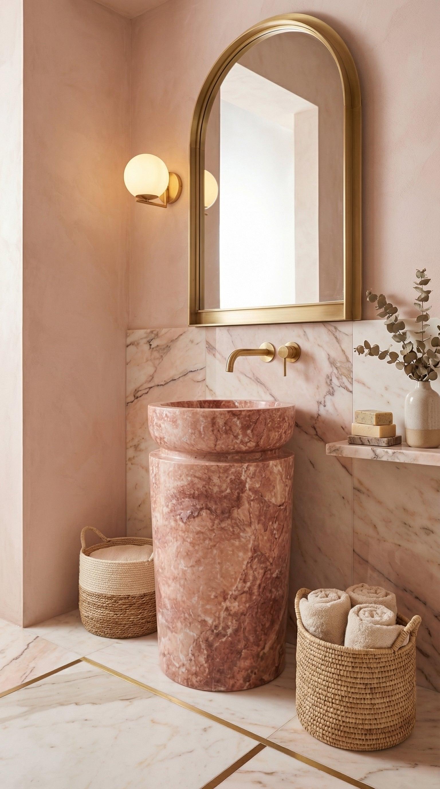 Red Travertine Designer Pedestal Stand-Alone Fluted Sink (W)18