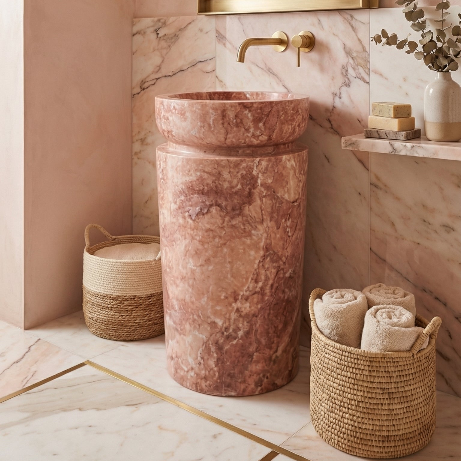 Red Travertine Designer Pedestal Stand-Alone Fluted Sink (W)18