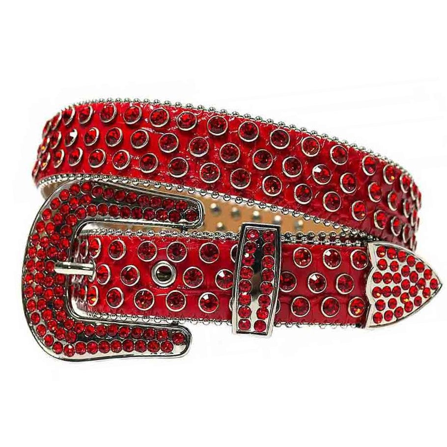 Unisex Red Studded Rhinestone Belt - Faux Alligator Leather with Sparkling Silver Buckle