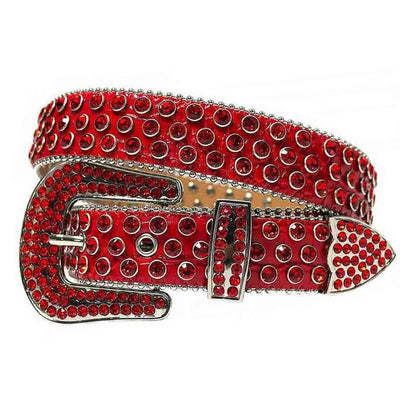 Unisex Red Studded Rhinestone Belt - Faux Alligator Leather with Sparkling Silver Buckle