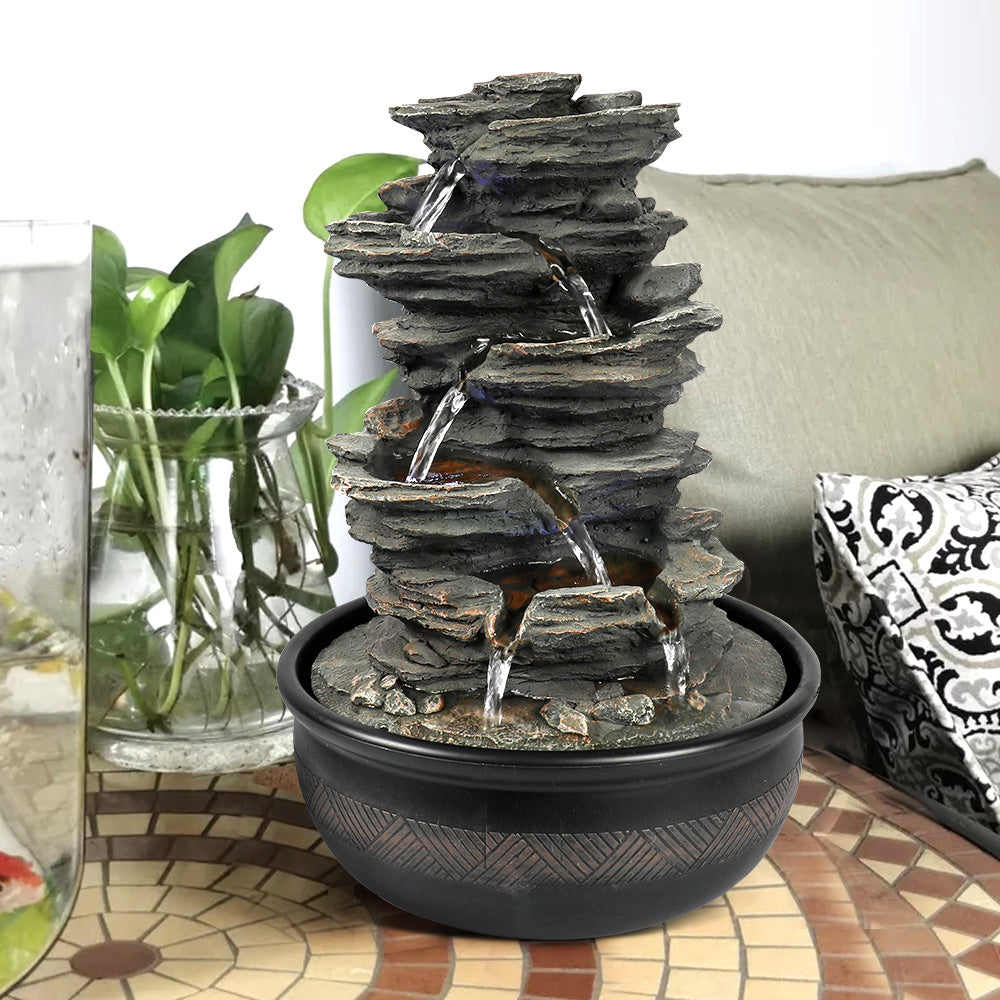 Resin 6 Tier Slate Tabletop Water Fountain 15 Inch LED