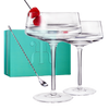 Luxury Martini Glass Set of 2 | 10oz | Crystal Luxury Martini with Silver Spoon, Premium Hand-Blown | Classic Cocktail & Champagne Clear Coupes For Manhattan, Cosmopolitan, Sidecar, Speakeasy Goblets