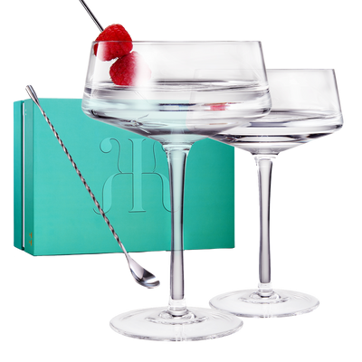 Luxury Martini Glass Set of 2 | 10oz | Crystal Luxury Martini with Silver Spoon, Premium Hand-Blown | Classic Cocktail & Champagne Clear Coupes For Manhattan, Cosmopolitan, Sidecar, Speakeasy Goblets