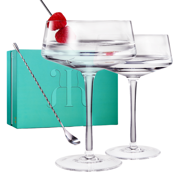 Luxury Martini Glass Set of 2 | 10oz | Crystal Luxury Martini with Silver Spoon, Premium Hand-Blown | Classic Cocktail & Champagne Clear Coupes For Manhattan, Cosmopolitan, Sidecar, Speakeasy Goblets
