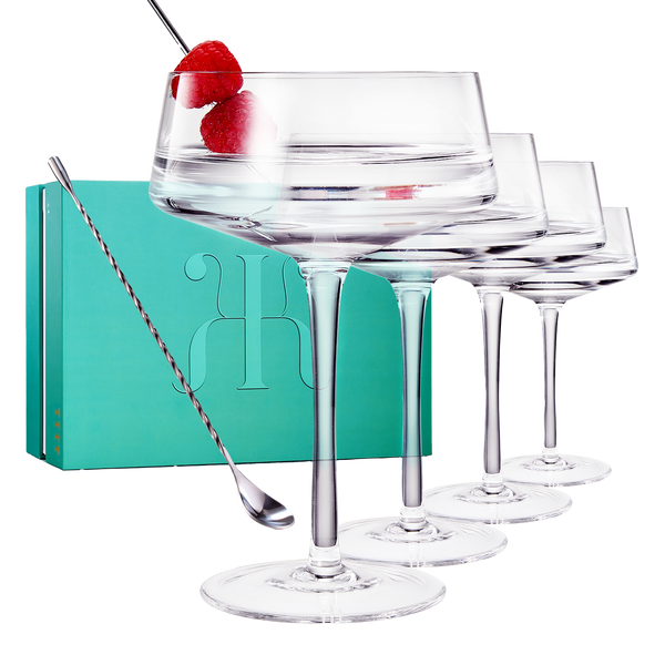 Luxury Martini Glass Set of 4 | 10oz | Crystal Luxury Martini with Silver Spoon, Premium Hand-Blown | Classic Cocktail & Champagne Clear Coupes For Manhattan, Cosmopolitan, Sidecar, Speakeasy Goblets