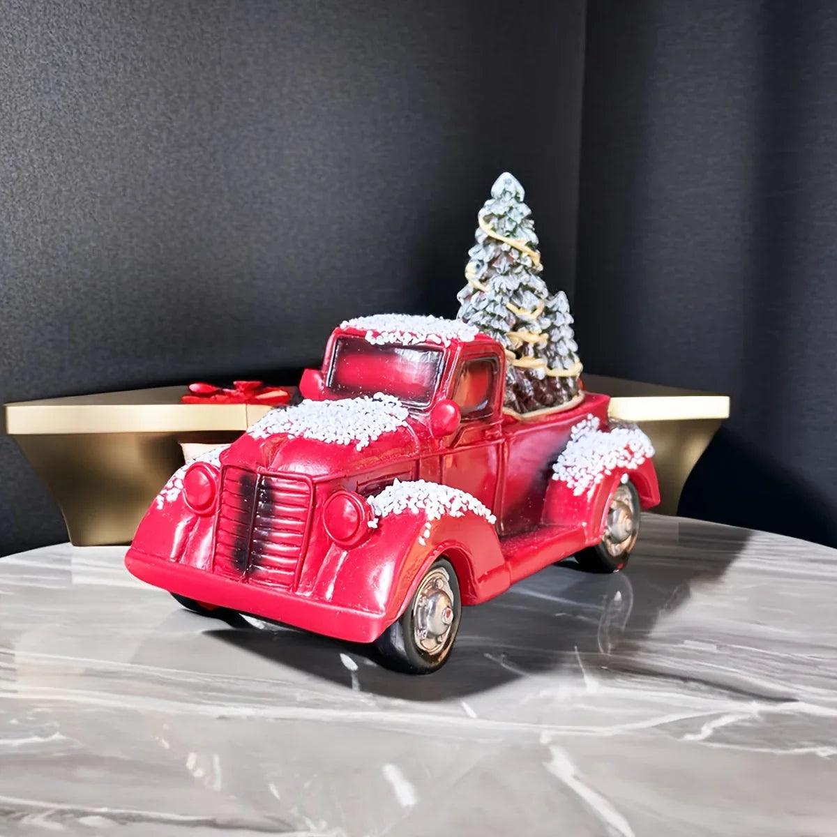 Resin Christmas Figurine Vintage Red Truck with Tree
