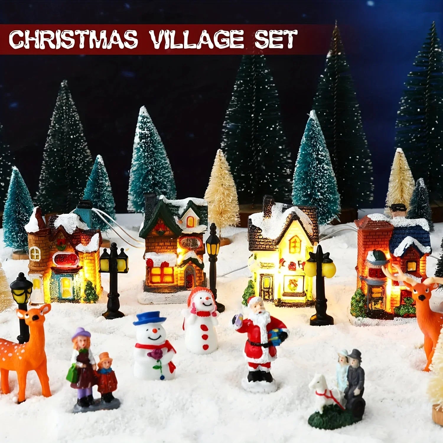 Resin Christmas Village Set with Lighted Snowy Houses