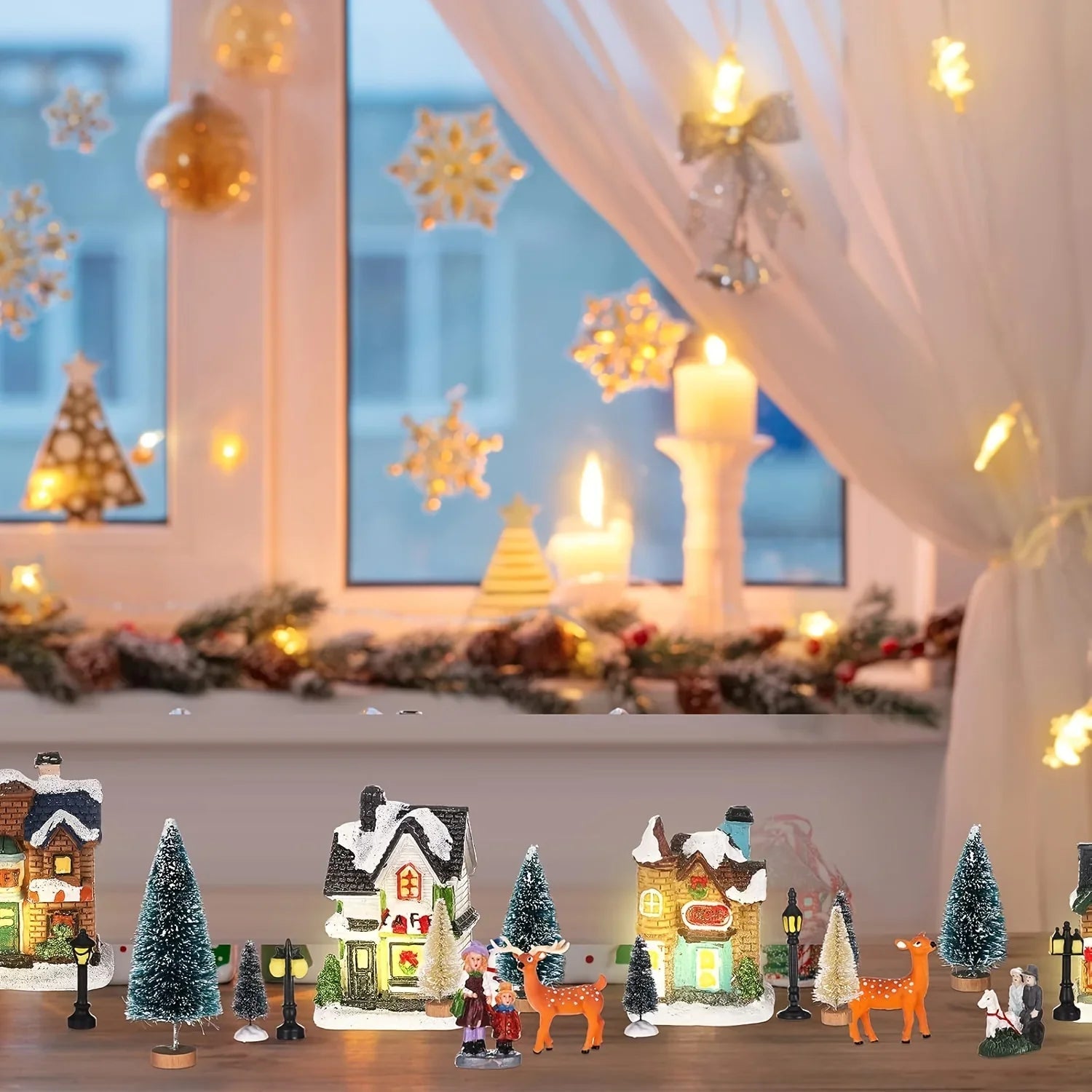 Resin Christmas Village Set with Lighted Snowy Houses