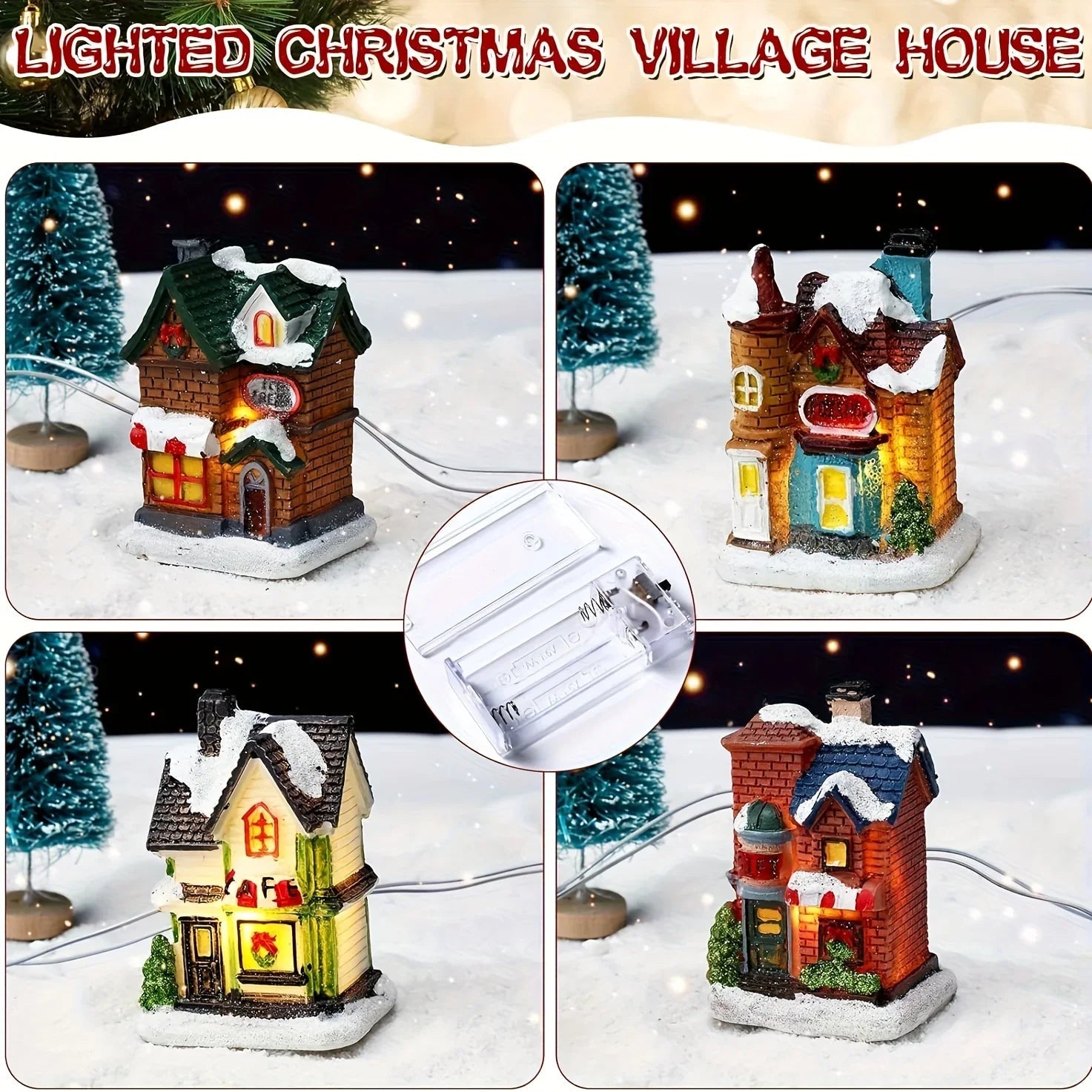 Resin Christmas Village Set with Lighted Snowy Houses
