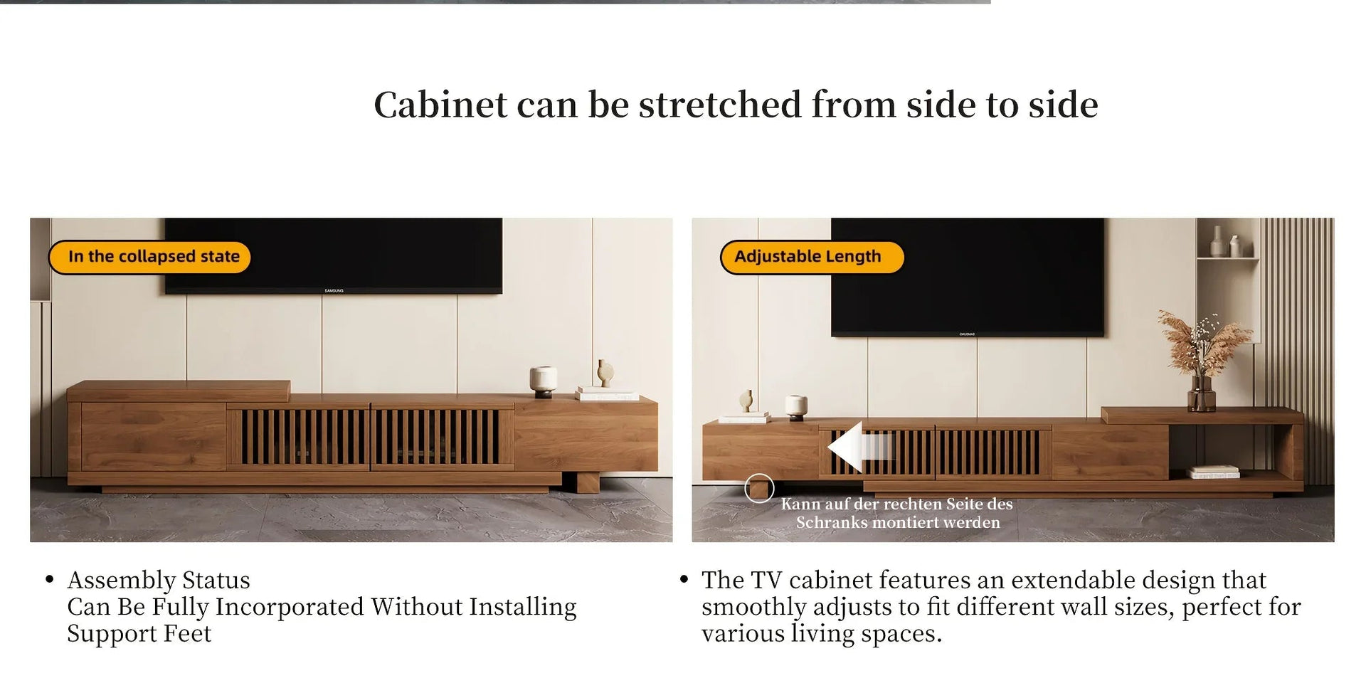 Retractable Grid TV Cabinet Walnut 198.12-261.62 cm Extension Modern Living Room Furniture with 2 Drawers 2 Storage, Home Entertainment Unit, Media Console, Stylish Cabinet, Sleek Furniture, Durable Hardwood, Sturdy Build, Sp