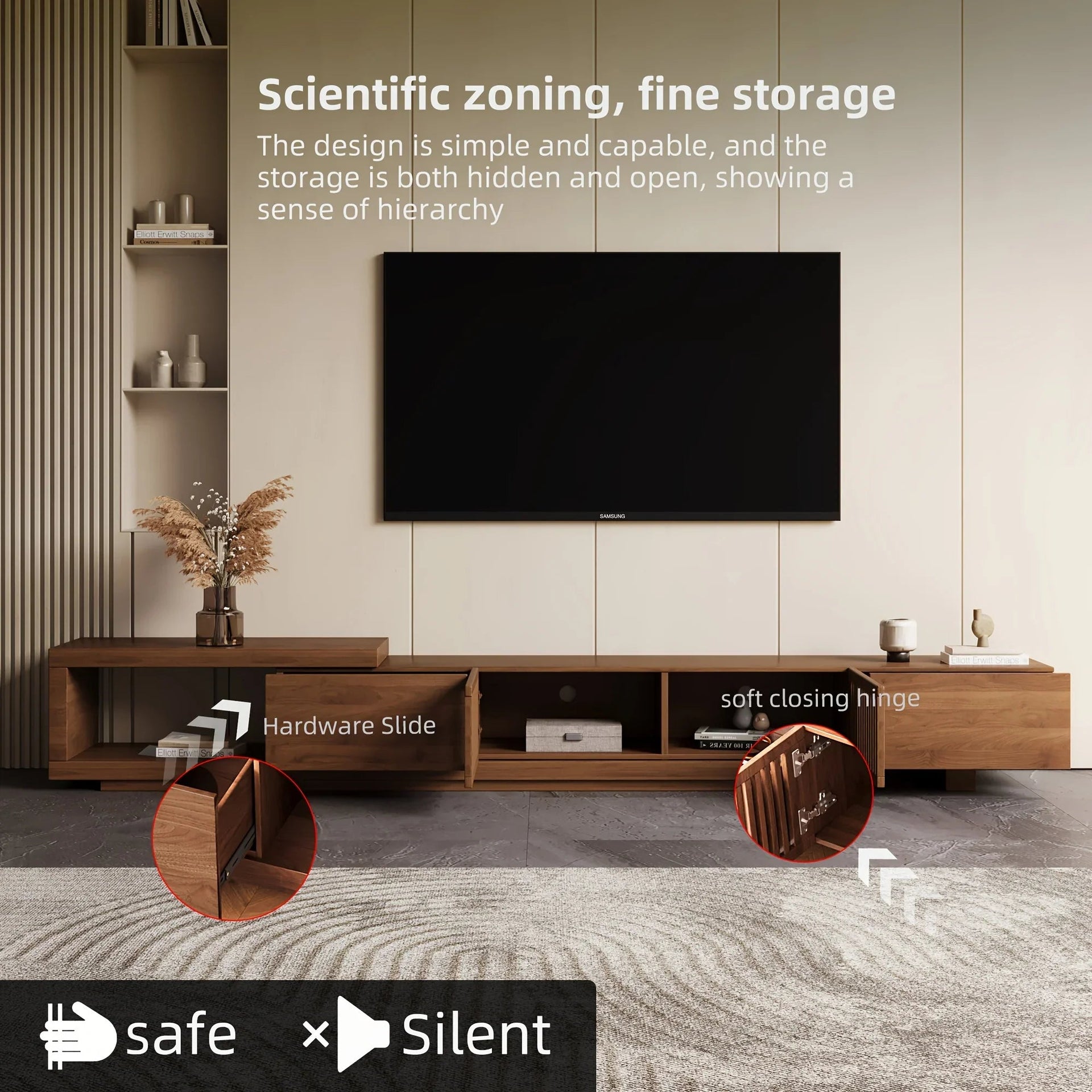 Retractable Grid TV Cabinet Walnut 198.12-261.62 cm Extension Modern Living Room Furniture with 2 Drawers 2 Storage, Home Entertainment Unit, Media Console, Stylish Cabinet, Sleek Furniture, Durable Hardwood, Sturdy Build, Sp