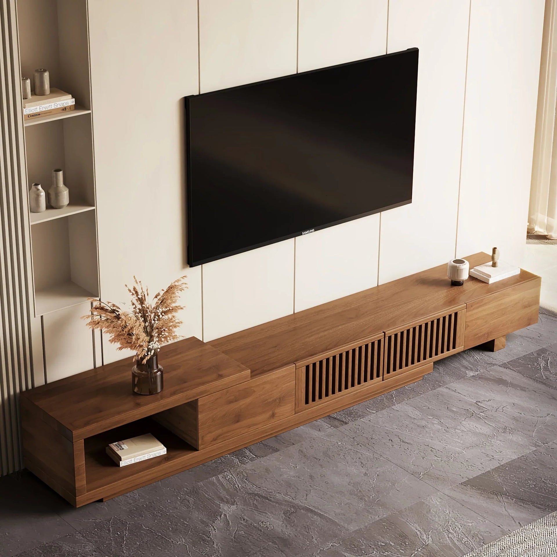 Retractable Grid TV Cabinet Walnut 198.12-261.62 cm Extension Modern Living Room Furniture with 2 Drawers 2 Storage, Home Entertainment Unit, Media Console, Stylish Cabinet, Sleek Furniture, Durable Hardwood, Sturdy Build, Sp
