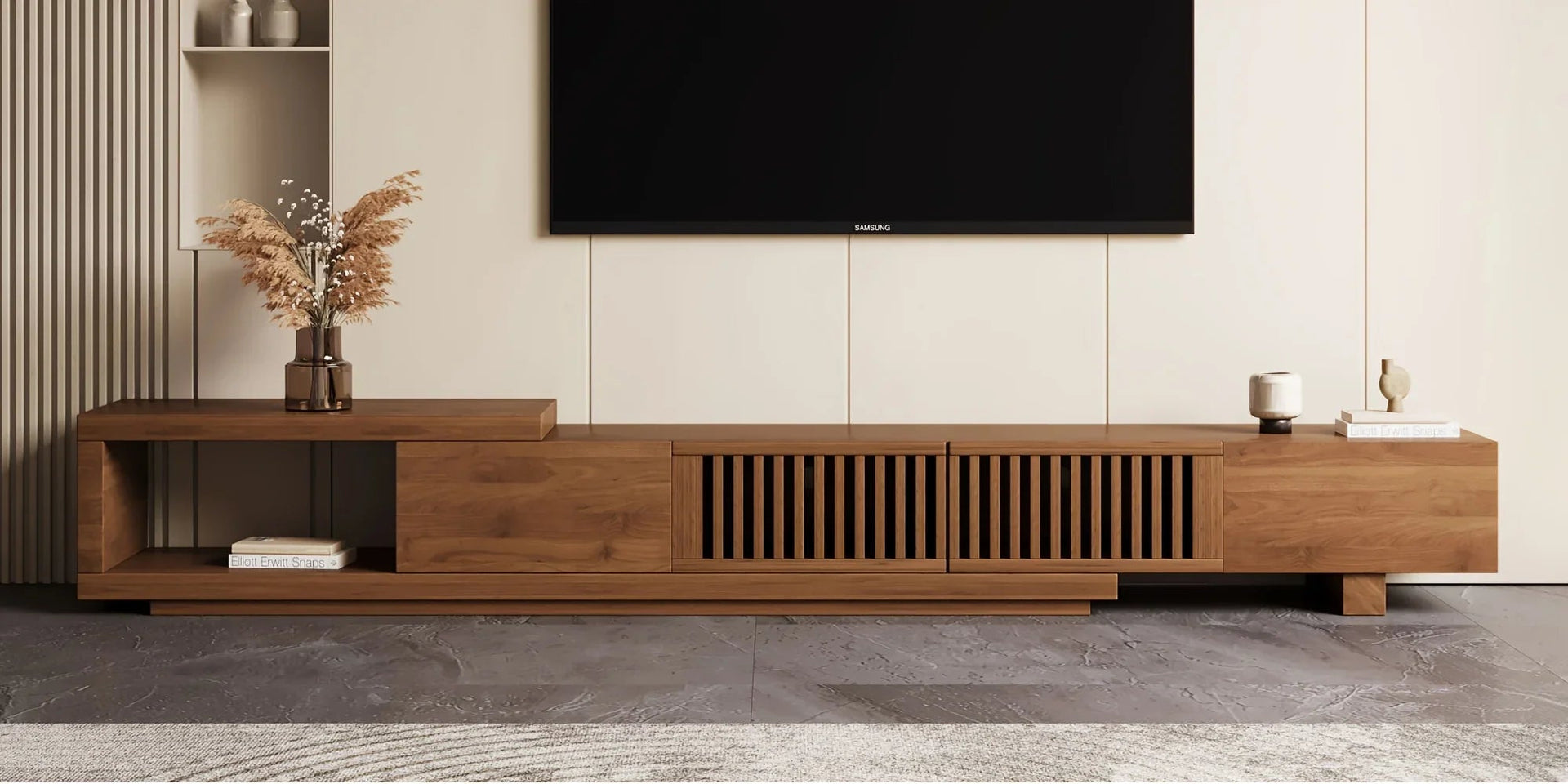 Retractable Grid TV Cabinet Walnut 198.12-261.62 cm Extension Modern Living Room Furniture with 2 Drawers 2 Storage, Home Entertainment Unit, Media Console, Stylish Cabinet, Sleek Furniture, Durable Hardwood, Sturdy Build, Sp