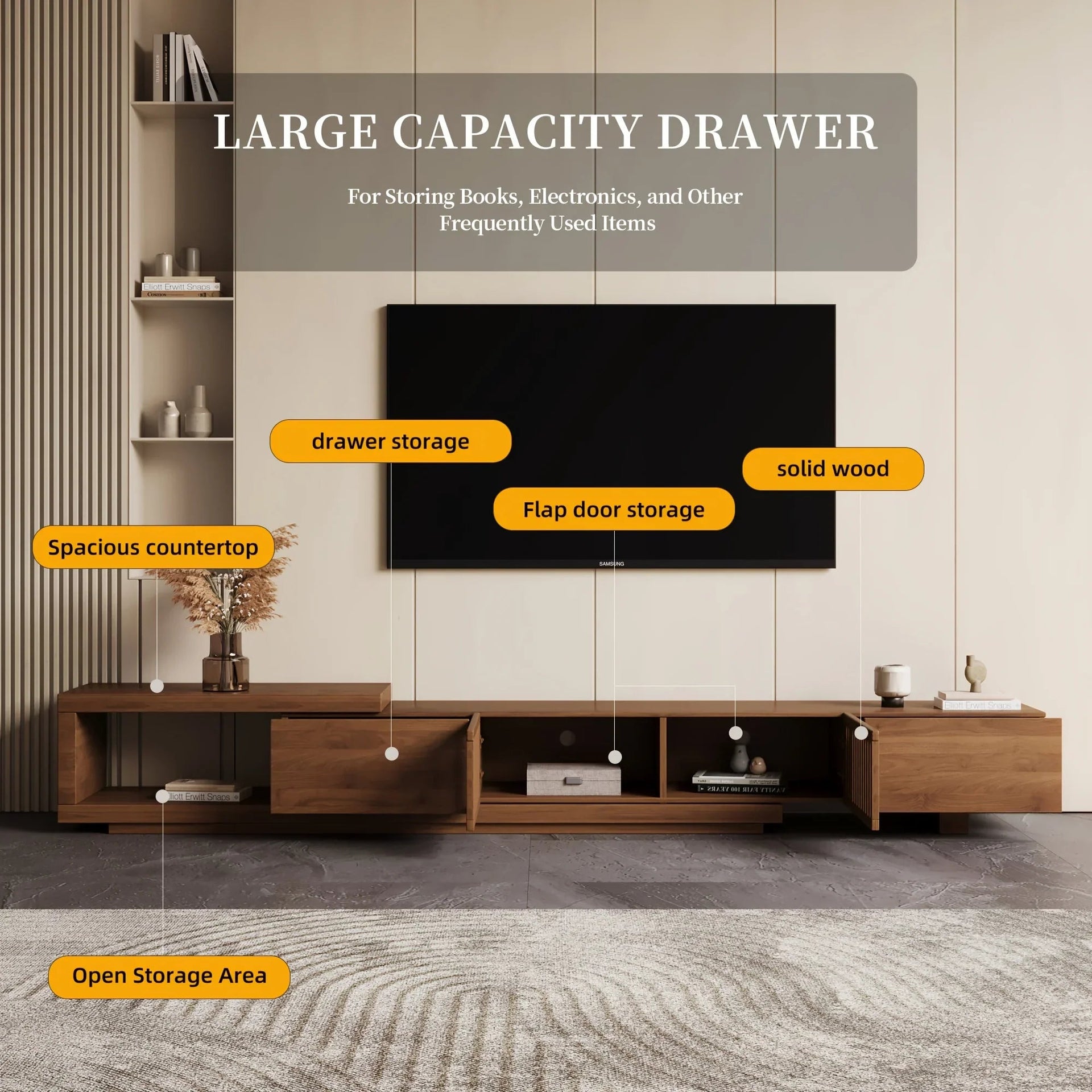 Retractable Grid TV Cabinet Walnut 198.12-261.62 cm Extension Modern Living Room Furniture with 2 Drawers 2 Storage, Home Entertainment Unit, Media Console, Stylish Cabinet, Sleek Furniture, Durable Hardwood, Sturdy Build, Sp