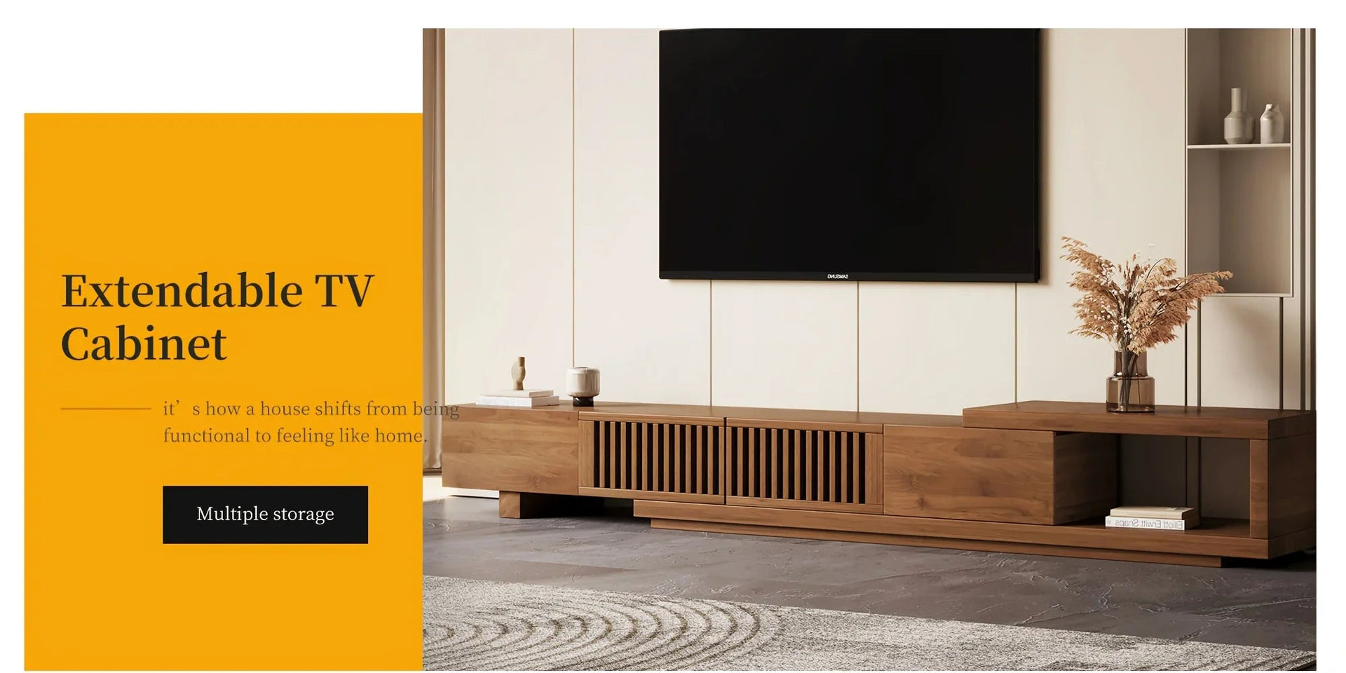 Retractable Grid TV Cabinet Walnut 198.12-261.62 cm Extension Modern Living Room Furniture with 2 Drawers 2 Storage, Home Entertainment Unit, Media Console, Stylish Cabinet, Sleek Furniture, Durable Hardwood, Sturdy Build, Sp