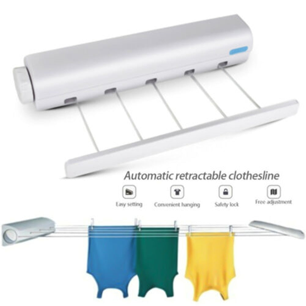 Automatic retractable clothesline with clothes hanging on it, on a white background