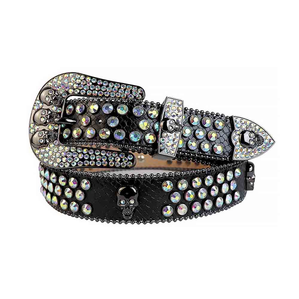 Black Rhinestone Men Women Skull Buckle Belt