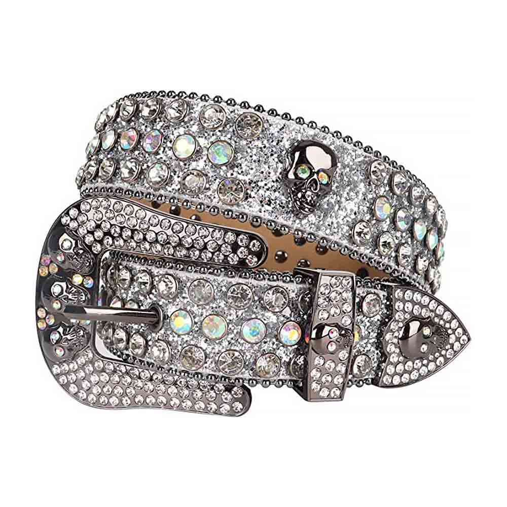 White Glitter Rhinestones Skull Buckle Belt