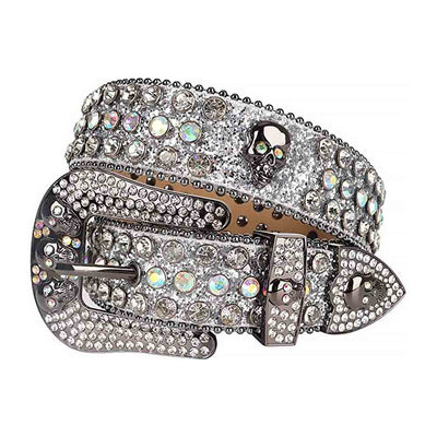 White Glitter Rhinestones Skull Buckle Belt