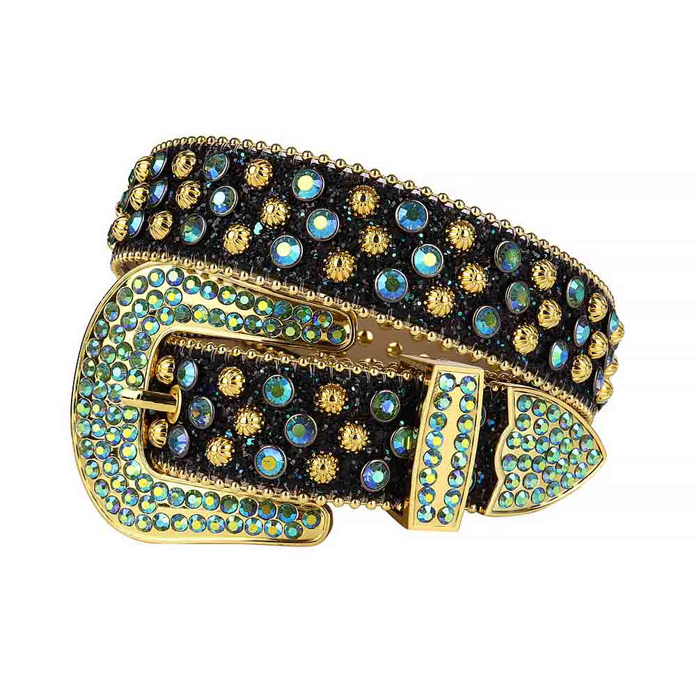 Black Glitter Rhinestone Leather Belt with Multi Stones