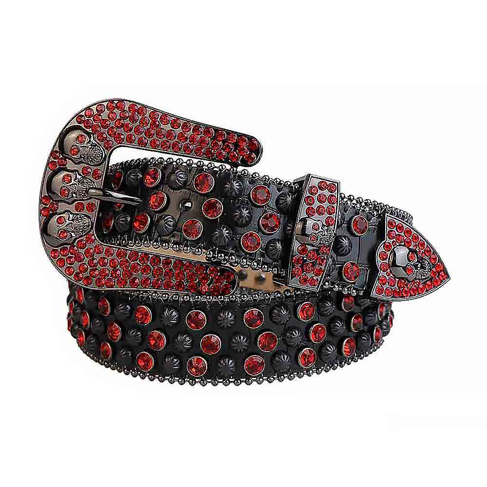 Skull Red Rhinestones Black Leather Belt