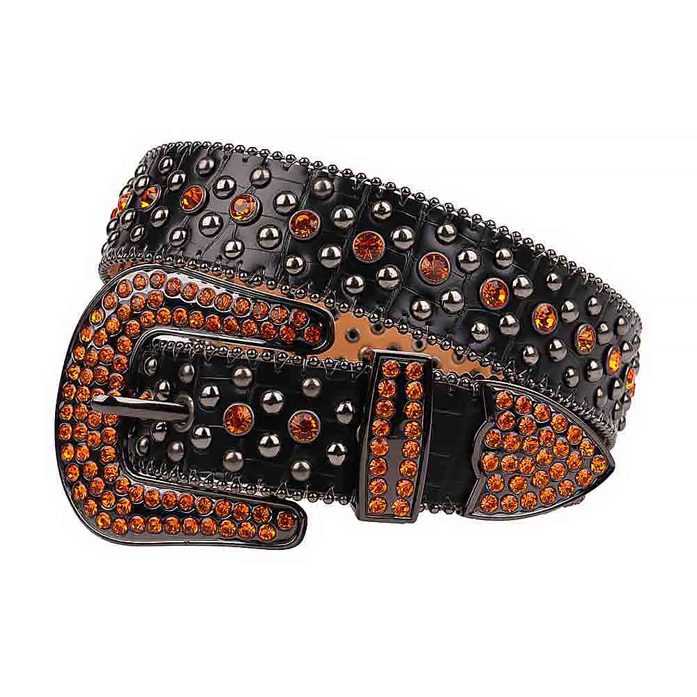 Black Strap With Studs And Orange Rhinestones Leather Belt