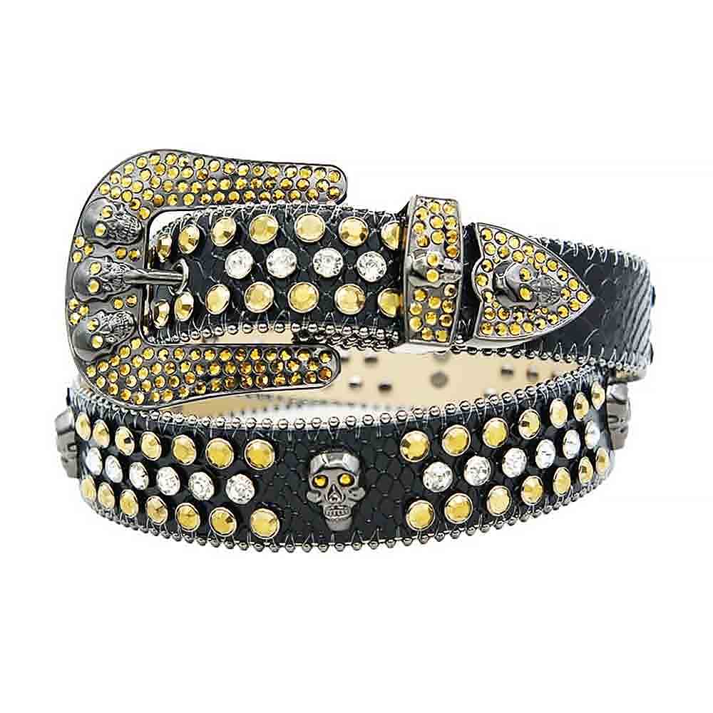 Rhinestones Western Belt Black with 7 Skulls