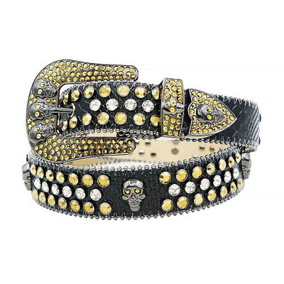 Rhinestones Western Belt Black with 7 Skulls