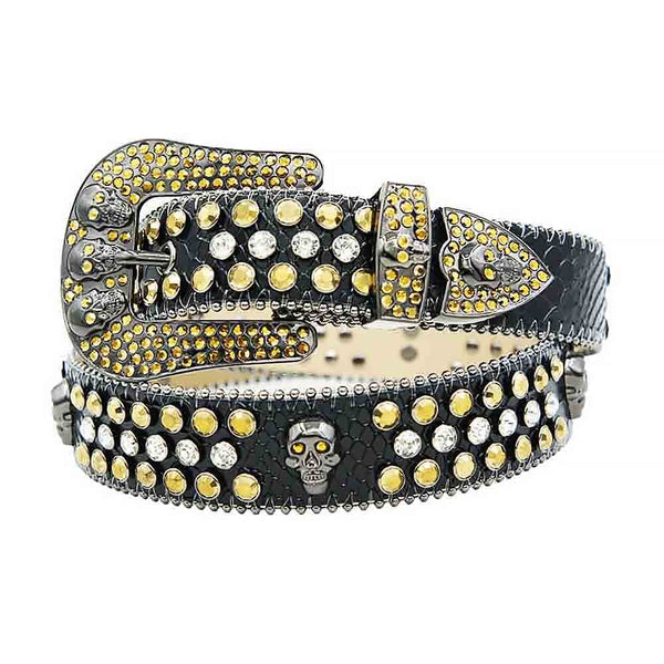 Rhinestones Western Belt Black with 7 Skulls
