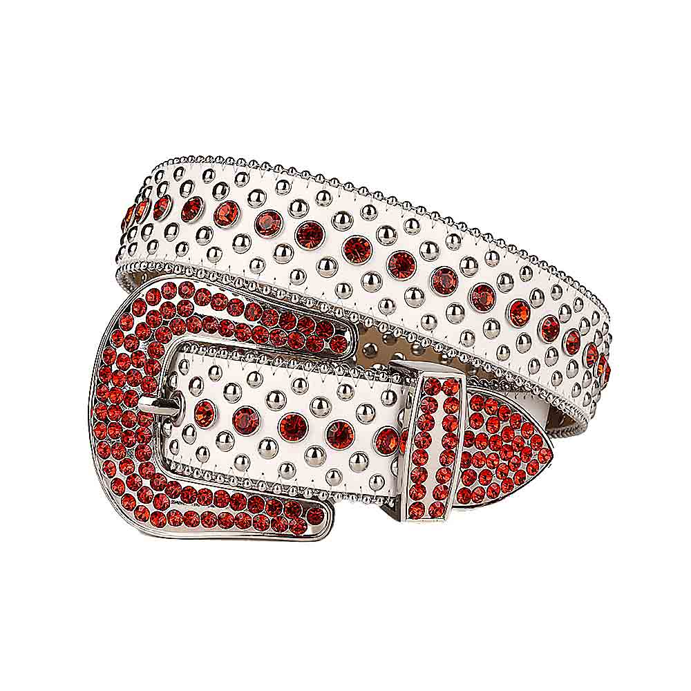 White Leather Men Women Rhinestones Belt