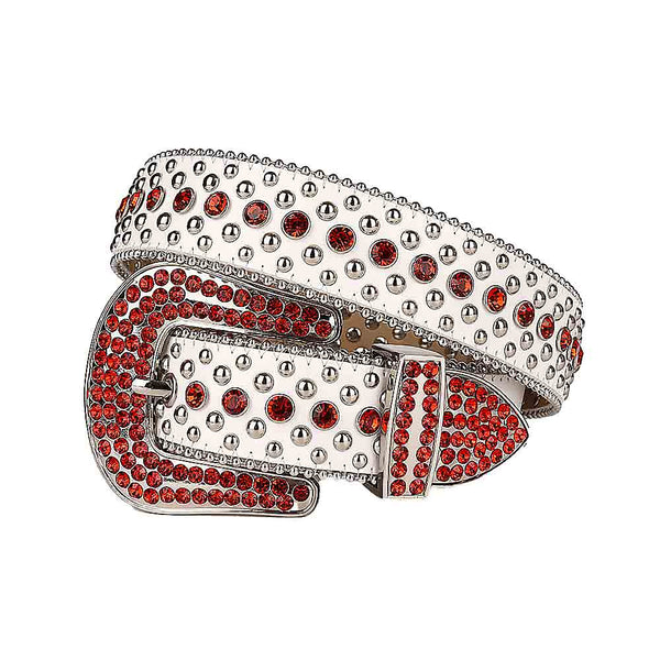 White Leather Men Women Rhinestones Belt