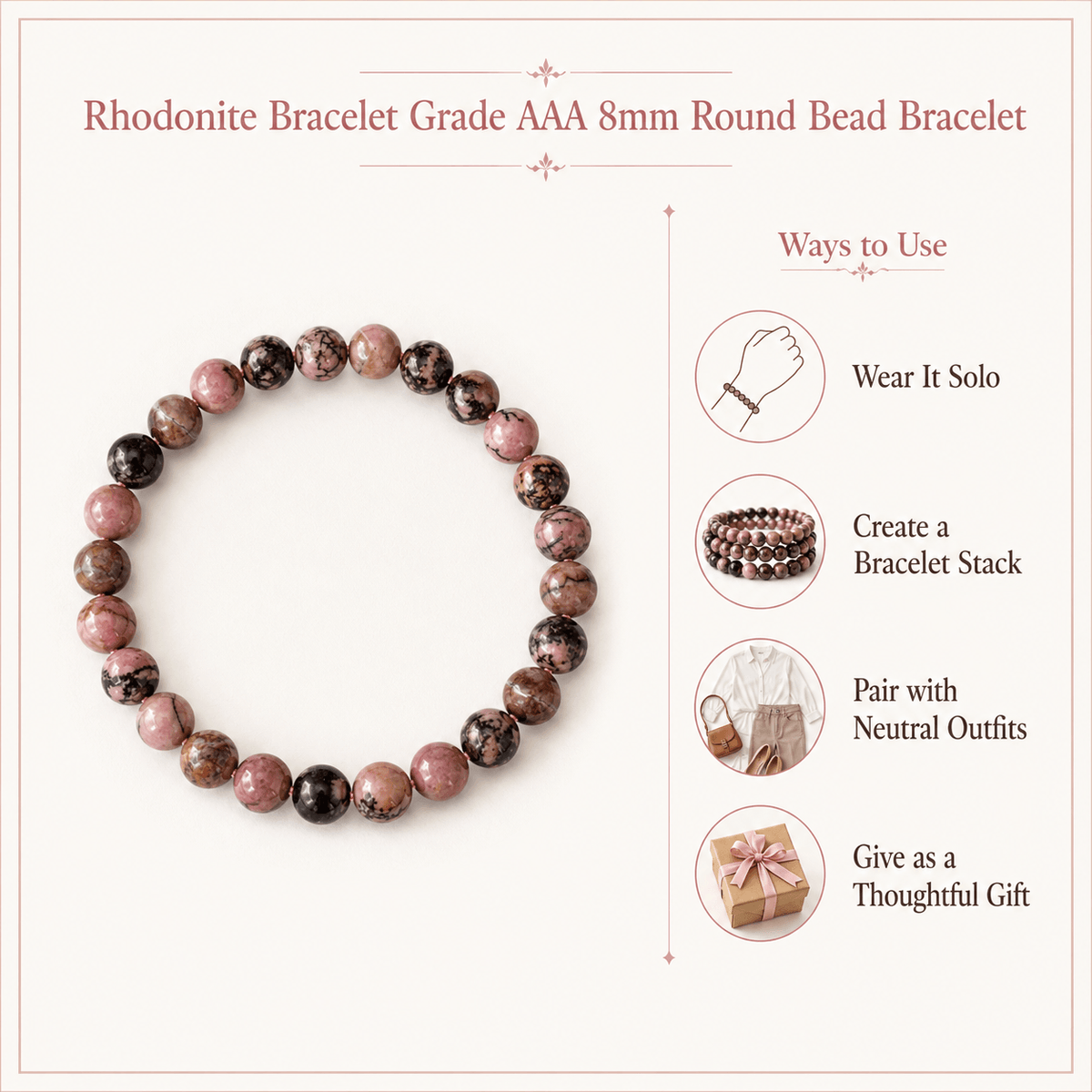 Rhodonite Bracelet (Empathy and Dispelling Negative Energy).