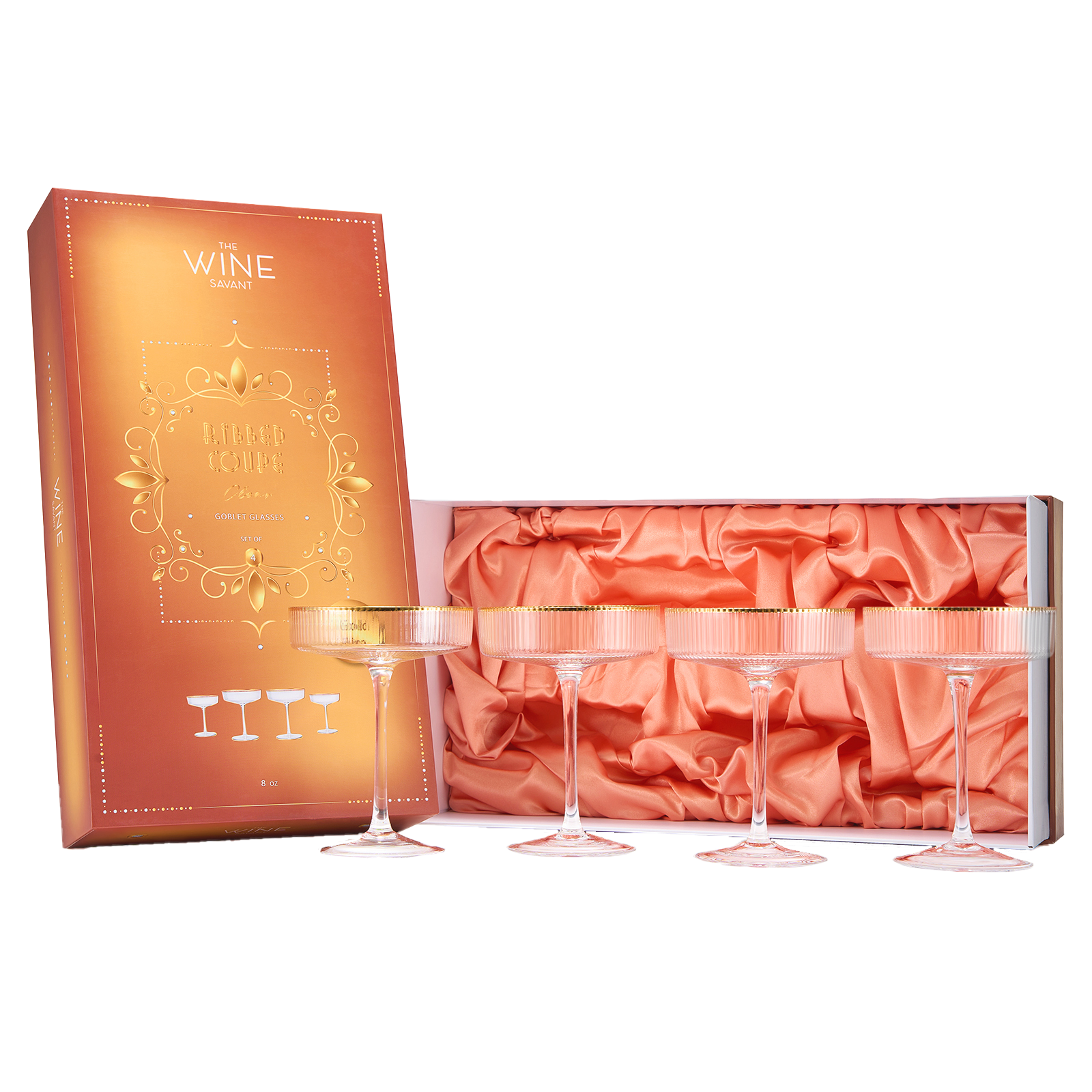 Ribbed Coupe Cocktail Glasses With Gold Rim 8 oz | Set of 4 | Classic Manhattan Glasses For Cocktails, Champagne Coupe, Ripple Coupe Glasses, Art Deco Gatsby Vintage, Crystal with Stems