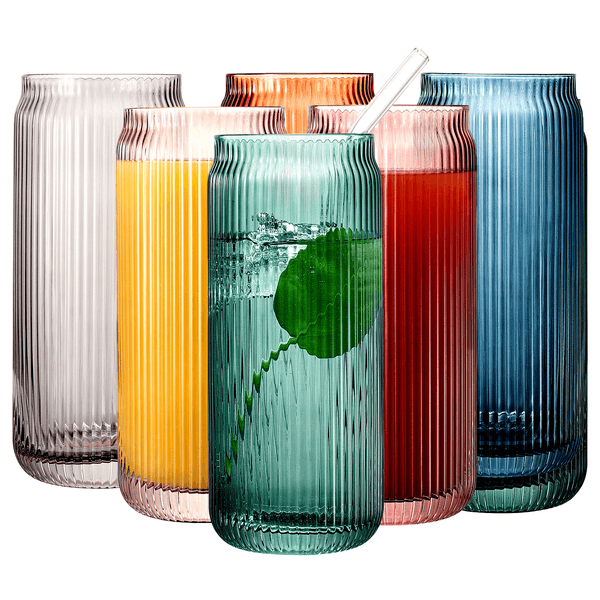 Tonal Ribbed Soda Can Highball Glassware & 6 Glass Straws, Set of 6