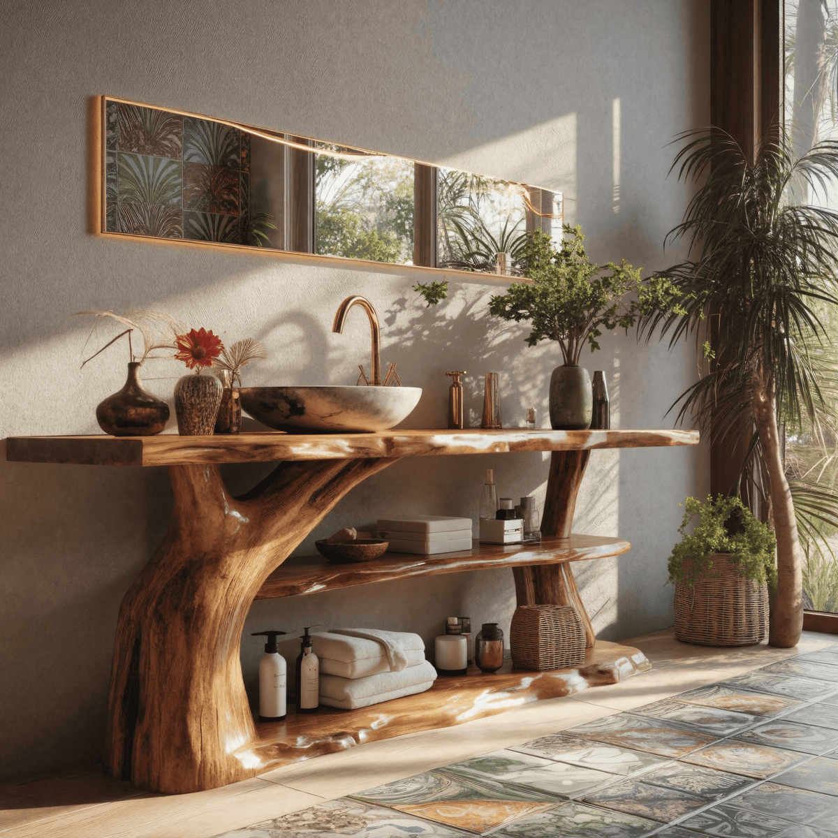 Riverroot Organic Live Edge Freestanding Bathroom Vanity with Shelves