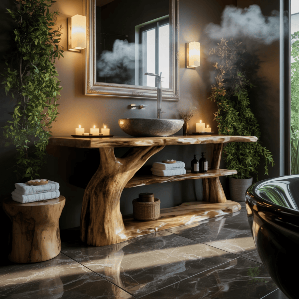 Riverroot Organic Live Edge Freestanding Bathroom Vanity with Shelves