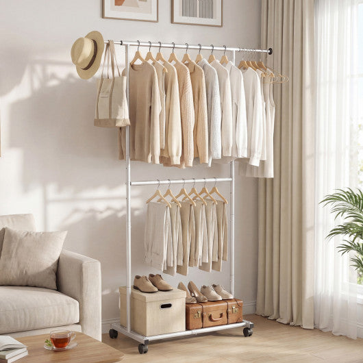 Rolling Clothes Rack Double-Rod Extendable Garment Stand for Hanging Clothes